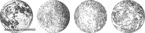 four detailed grayscale illustrations of the moon phases with varied surface textures