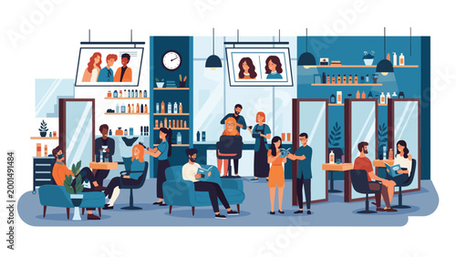 Busy interior of a modern hair salon with stylists working on different clients and products on the shelves.