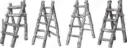 Rustic wooden ladder set handcrafted rough timber construction with natural bark texture vintage farm tools collection