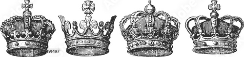 vintage royal crowns collection hand drawn ornate king and queen crowns heraldic symbols, monarchy, royalty, vintage design