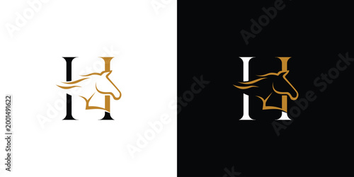 The logo design with the initial letter H is combined with a modern and luxury horse head symbol