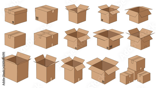 Collection of brown cardboard shipping boxes in various sizes and states including open, closed, empty, and stacked for logistics.