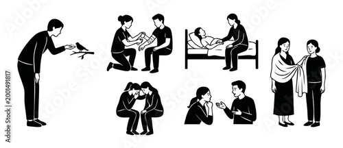 Empathy and Kindness Illustrations Set, Caring People Helping Others, Compassion and Support Concept, Medical Care, Comfort, Friendship, Healing, Human Interaction, Minimalist Black and White Vector I