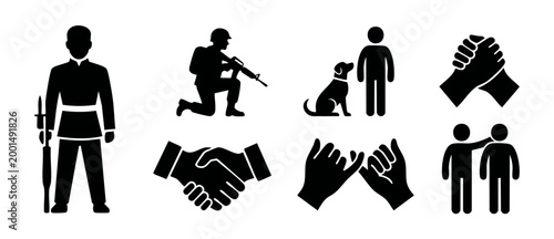 Soldier and Friendship Icons Set: Military Personnel, Armed Troops, Handshake, Pinky Promise, and Human Connection Symbols for Professional Graphic Design and UI Elements on White Background