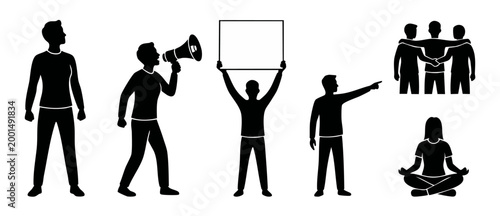 People Silhouettes Set with Protest, Communication, and Unity Poses. Collection of human figures holding megaphone, blank banner sign, pointing finger, hugging together, and meditating in lotus pose.