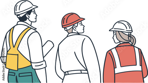 Three construction workers wearing hard hats, looking up, isolated on a white background