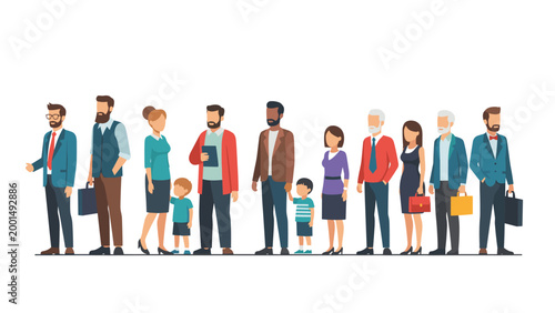 Diverse group of people including men, women, and children from various backgrounds standing in a row against a plain background.