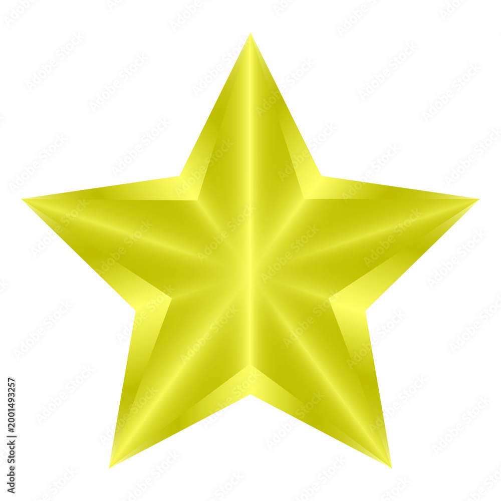 Obraz premium A golden five-pointed star with an iridescent surface. Golden highlights. Linear gradient. White background.