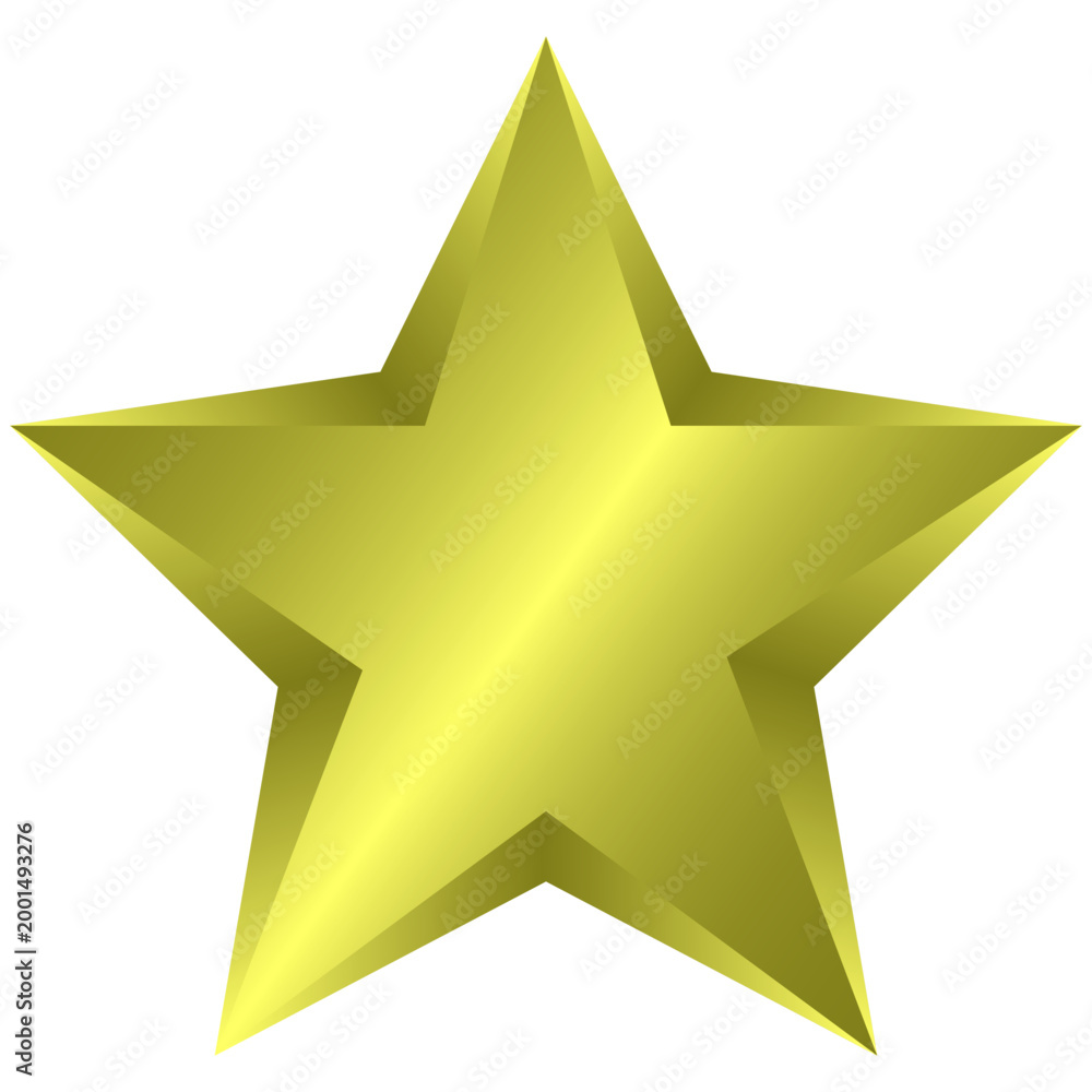 Obraz premium A golden five-pointed star with a smooth, shiny surface. Gold highlights. Linear gradient. White background.