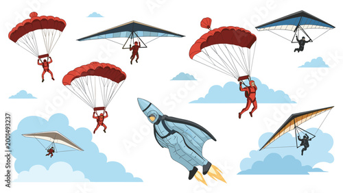Group of people enjoying extreme skydiving and paragliding activities with colorful parachutes and gliders in the sky.