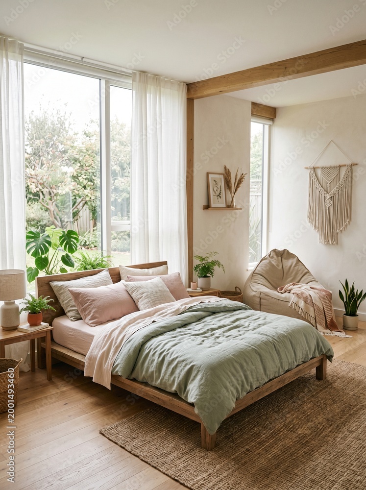 Fototapeta premium Relaxed bedroom interior with green bedding and wall macrame decor