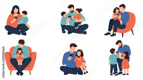 Parents and children interacting with mobile phones and digital screens depicting the influence of technology on parenting.