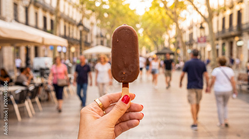 Foto Close-up of a hand with red nail polish holding a chocolate ice cream bar against a blurred bustling city street