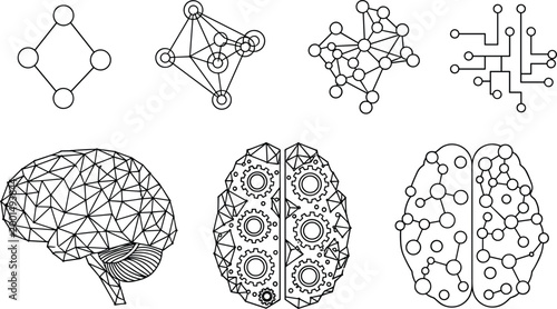 Neural Network, Brain, and Circuit Icons Featuring Connected Nodes, Gears, and Digital Designs in Geometric and Minimalist Style