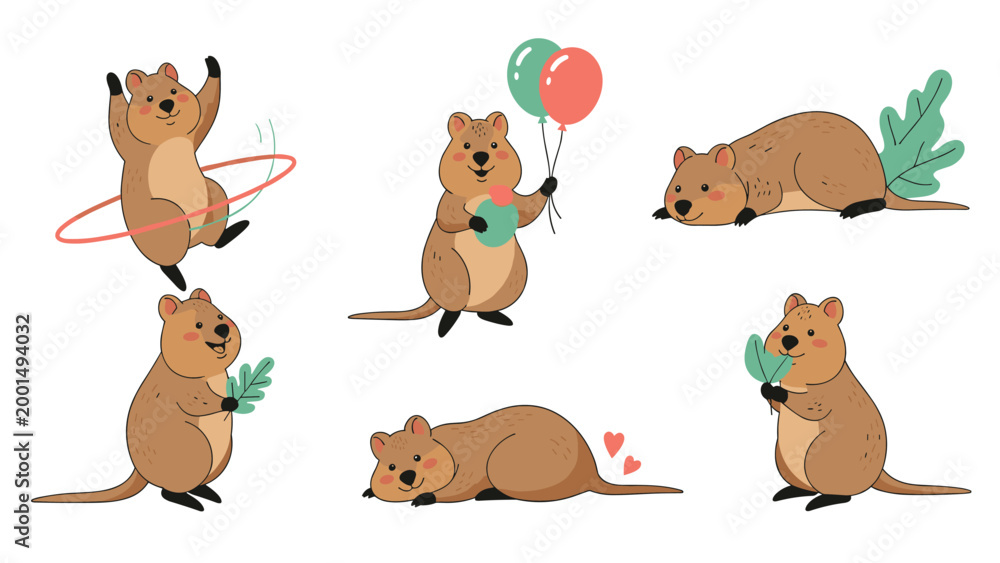 Fototapeta premium Delightful collection of quokka character illustrations in various playful poses including playing with a hoop and holding balloons.