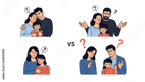 Series of illustrations depicting a family experiencing different emotions like worry, confusion, and frustration while facing problems.
