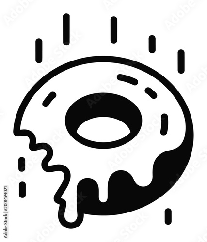 Black and white of a bitten donut with dripping glaze and falling sprinkles