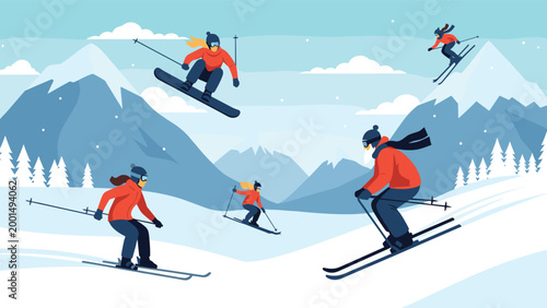 Dynamic winter scene featuring several people skiing and snowboarding down snow-covered mountains on a bright day.