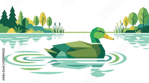 Geometric Duck Swimming on a Calm Lake with Trees and Reflection, Minimalist Nature Illustration