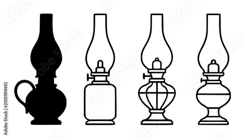 Antique oil lamp minimalist icon set in silhouette and outline design