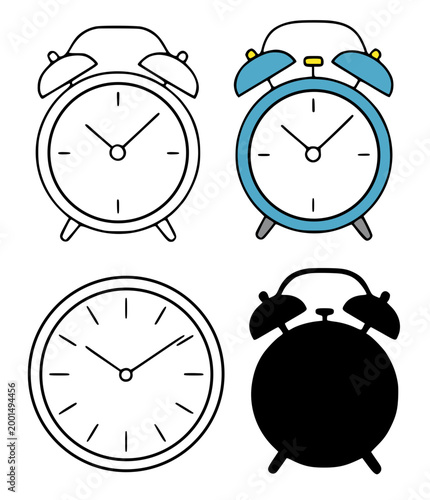 Alarm clock icon set minimalist in silhouette and outline design