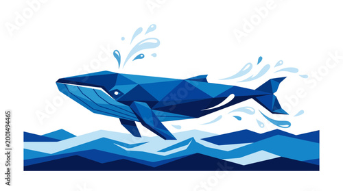 Geometric Blue Whale Breaching in Stylized Ocean Waves