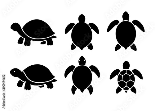 Turtle and tortoise minimalist icon set in silhouette design