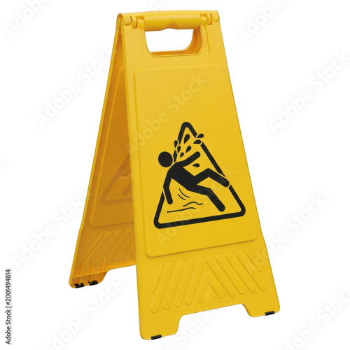 Yellow caution wet floor sign standing on the ground isolated on transparent background