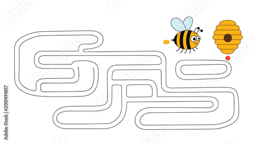 Educational maze puzzle for children featuring a cute cartoon bee seeking the correct path through a labyrinth to reach its yellow beehive.