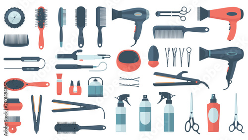Professional hair salon equipment collection featuring hair dryers, various combs, styling brushes, flat irons, curling wands, and cutting tools.