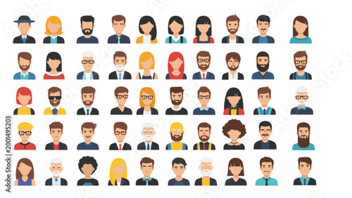 Large collection of diverse human avatar icons featuring various hairstyles, facial features, and clothing styles for social media or web profiles.