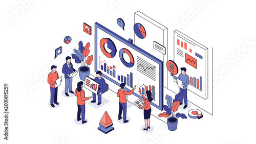 Isometric business concept featuring a team of professionals analyzing various data charts and graphs on a large interactive digital display board.