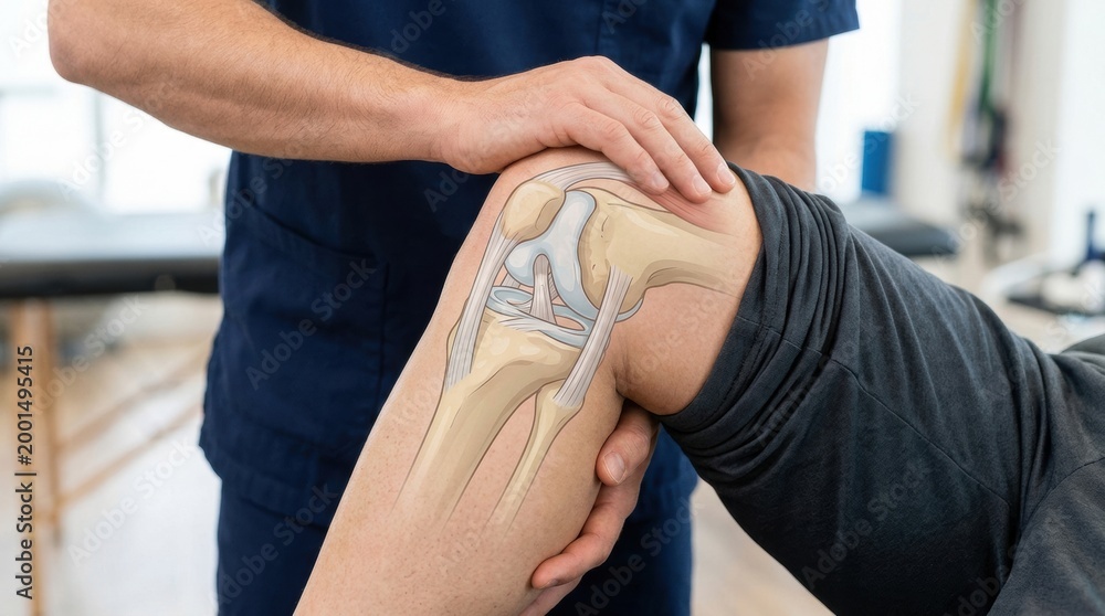 Obraz premium Doctor examining a patient's knee joint with anatomical illustration overlay