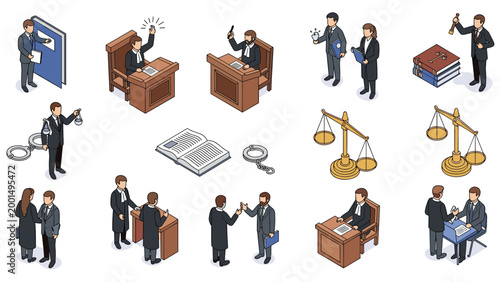 Isometric law and justice set featuring scenes of court proceedings, judges, lawyers, scales of justice, handcuffs, and legal documents.