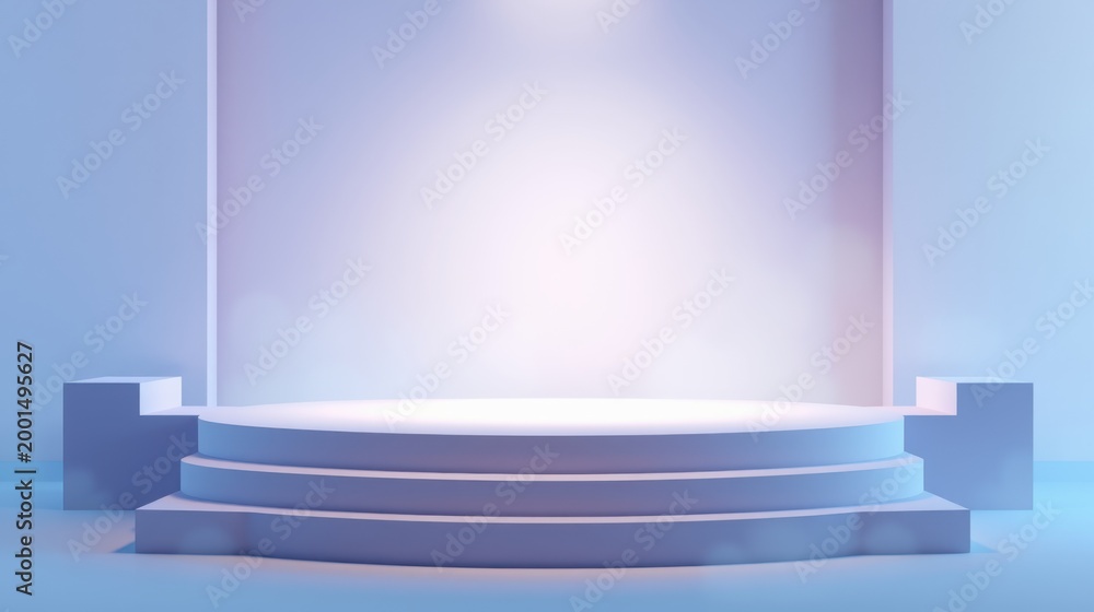 Obraz premium Empty stage illuminated. Soft blue hues dominate scene. Minimalist design creates focus on central platform. Presentation space.