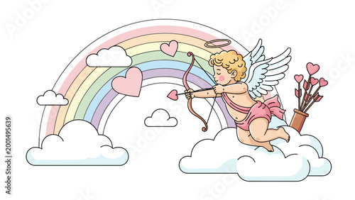 Little cupid with wings flying through a vibrant rainbow and clouds with a bow and arrow ready for valentines day celebration of love.
