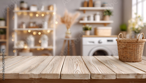 Empty Wooden Table with Blurred Laundry Room Background.
