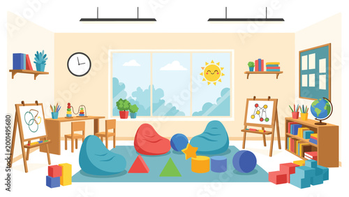 Cozy and colorful kindergarten playroom interior featuring soft beanbag chairs, educational toys, books, art easels, and a bright window view.