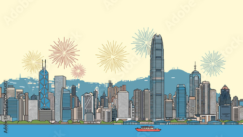 Beautiful illustration of the Hong Kong city skyline at night featuring iconic skyscrapers and colorful fireworks reflecting over the water.
