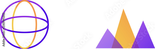 Minimalist geometric icons featuring a wireframe globe and colorful overlapping mountain peaks for logo illustration