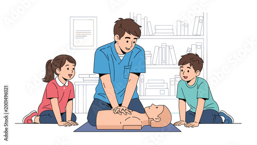 Certified instructor demonstrates life-saving cpr techniques to children using a medical training mannequin in a quiet library setting.