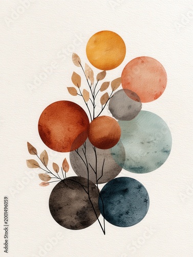 Minimalist abstract watercolor circles and botanical branches on light paper background, modern boho wall art illustration with soft neutral copy space.