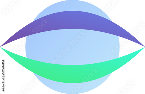 Abstract circular logo design featuring a blue sphere with purple and green swooshes and illustration