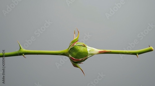 Rose bud on thorny stem, closed, beginning to open, against plain background