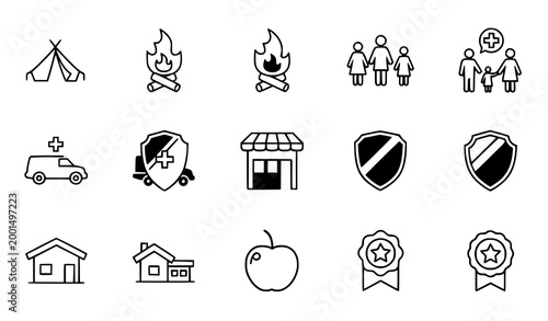 Editable Stroke Icon Set with Camping Fire Family Insurance Store Home Apple Badge and Shield Symbols for UI Design Apps Websites and Digital Use