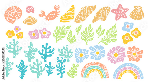 Hand drawn vector marine set in boho style with shells, corals, crab, rainbow, starfish and flowers and stars. Set on white background with soft pink, green, blue and yellow decorative elements