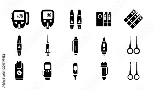 Diabetes Medical Icon Set with Glucose Meter Insulin Pen Syringe Lancet Test Strips and Monitoring Devices for Healthcare and Treatment Design