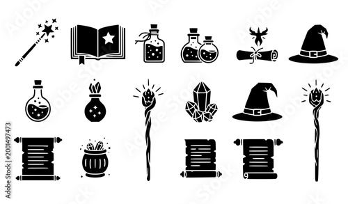 Wizard Magic Icon Set with Spell Book Wand Potions Crystal Hat Scroll and Enchanted Symbols for Fantasy Design Halloween and Mystic Graphics