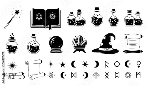 Magic Wizard Icon Set with Spell Book Potions Crystal Ball Hat Scroll Symbols and Mystical Elements for Fantasy Design Projects and Halloween Graphics
