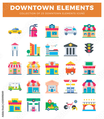 Collection of downtown city elements in flat icon style. Includes buildings. transportation. and services. Vector illustration for urban themes.